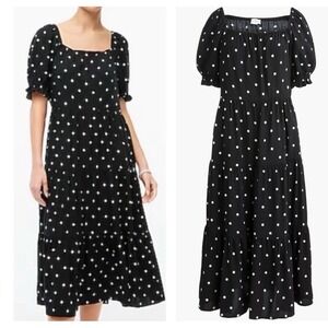 J.Crew Polka Dot Tiered Midi Dress Black & White Puff‎ Sleeves Pockets Medium
